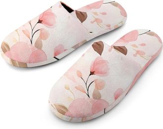Generic Watercolor Flowers Flannel Mens Slip-on Slippers Winter Warm House Shoes with Rubber Sole for Home Hotel