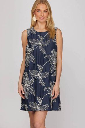 She + Sky Sleeveless Embroidered Shift Dress In Navy