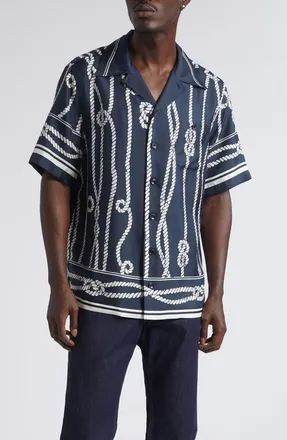 Dolce & Gabbana Marina Rope Print Washed Silk Twill Camp Shirt in Corde F.blu Navy at Nordstrom, Size 43