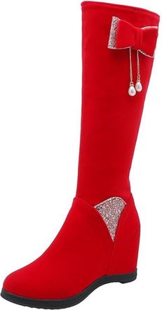 Generic Womens Cute Bowknot Knee High Snow Boots Platform Round Toe Hidden Wedge Heels Comfort Winter Versatile Shoes with Zipper (7.5,Red)