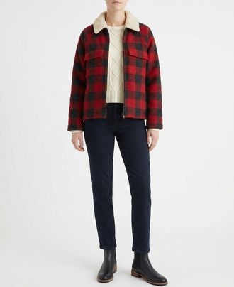 Faherty Legend High Pile Fleece Cropped Jacket In Red Black Buffalo