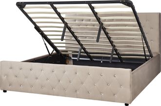 Beliani Cama Doble Tapizada En Terciopelo Gris Pardo 180 X 200 Cm Con Almacenamiento Cabecero Acolchado Amiens