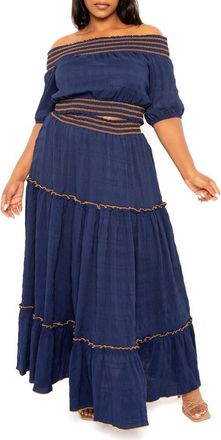 Buxom Couture Smocked Off the Shoulder Puff Sleeve Top & Maxi Skirt Set in Navy at Nordstrom, Size 2 X