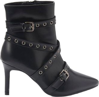 Koröshi Womens Black Leather Effect Ankle Boot, with Stylized Toe, Decorative Ribbons and Buckles, 9 cm heel and Short Fur Effect Inner Lining., Black/White, 