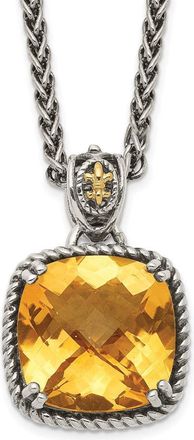 Diamond2Deal Sterling Silver with 14K Accent Checkerboard Cushion Citrine Pendant Necklace