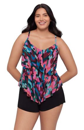 Trimshaper Ronnie 2 Tier Ruffle Tankini Swimsuit Top in Collage Patch at Nordstrom, Size 14