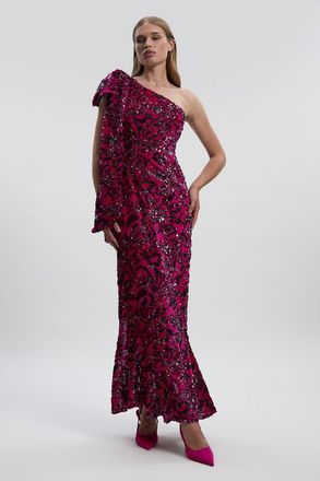 Karen Millen Velvet Sequin One Shoulder Maxi Dress in Purple at Nordstrom, Size 10