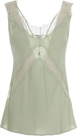 Pinko Celadon Twill Viscose Top With Intricate Lace Inserts