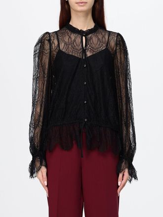 Twinset Camicia in pizzo a maniche lunghe con collo alla coreana e coulisse in vita