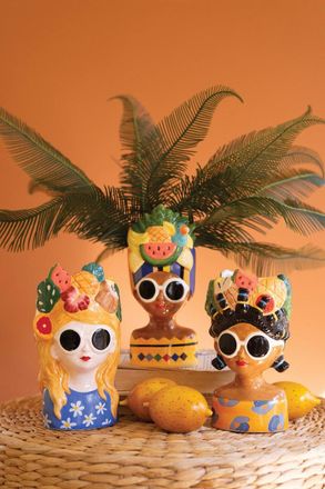 Kalalou Set Of Three Ceramic Ladies Vases With Fruit Hats