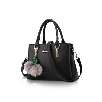 Generic Handbags for Women - Faux Leather Top Handle and Crossbody Messenger Bags with Pompom Detail