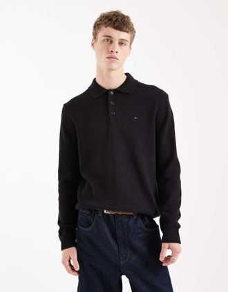 Tommy Jeans Polo a maniche lunghe nera con logo sul petto-Nero