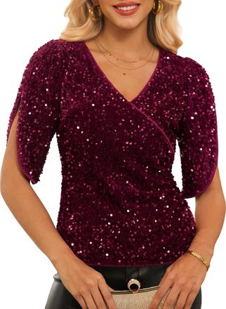 Grace Karin Womens 3/4 Length Sleeve Sequin Tops V Neck Velvet Ruched Blouses 2025 Glitter Trendy Party Outfit, Wine Red, XXL