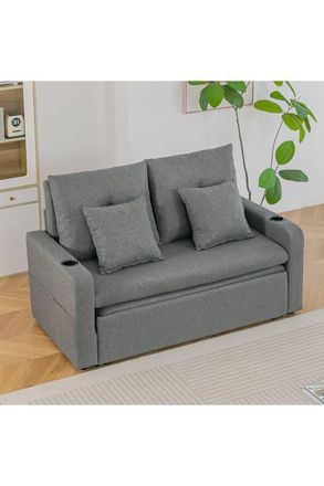 Living and Home 2 Seater Sofa Bed with Cup Holders and Pillows in Grey