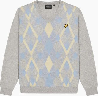 Lyle & Scott Mens Lyle and Scott Light Grey Marl/Opel Blue Cotton V Neck Jumper - Size: 38