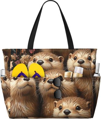 Generic Cute Otter Print Large Beach Bag Foldable Travel Shoulder Tote Bag With Pocket For Weekender Pool Vacation