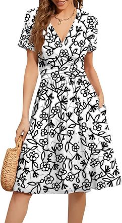 Generic Floral Dresses for Women UK, Womens Sundress Summer Floral Short Sleeve Wrap V Neck A-Line Empire Waist Midi Dress with Pockets Birthday Gifts for Wom