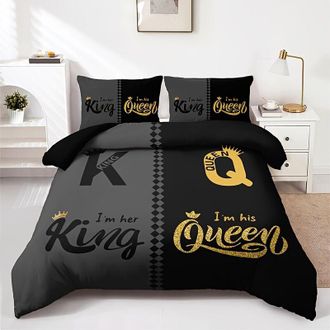 OEM Parure De Lit - Housse De Couette Et Taies Doreiller - Imprim&eacute; Couronnes Et Texte - Noir Gris - 135 X 200 Cm - 3 Pi&egrave;ces