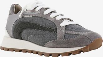 Brunello Cucinelli Niedrige Sneakers aus Wolle und Metallic-Leder Monili