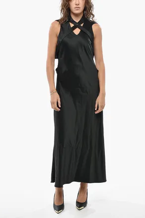 Off-white Satin Maxi Dress With Belt And Deep Back Neckline Off-White