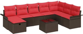vidaXL Conjunto De Sof&aacute; De Jard&iacute;n 9 Uds. Marr&oacute;n Y Rojo Rat&aacute;n Sint&eacute;tico Vidaxl