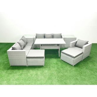 Fimous 9 Pieces Outdoor Rattan Sofa Set with Cushions Patio Garden Furniture Sets with Armchair Dining Table 2 Side Tables 2 Big Footstools - Fimous