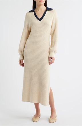 French Connection Mozart Contrast Collar Long Sleeve Midi Sweater Dress in 11-Ecru-Marine at Nordstrom, Size X-Small