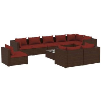 vidaXL Set Muebles De Jard&iacute;n 10 Pzas Y Cojines Rat&aacute;n Sint&eacute;tico Marr&oacute;n Vidaxl