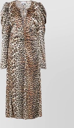 Ganni leopard print ruched v-neck midi dress