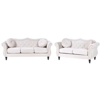 Beliani Conjunto De Sala De Estar En Terciopelo Beige 2 Plazas 3 Plazas Apoyabrazos Enrollados Cojines Estilo Glam Skien