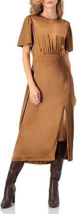 Ivonne Short Sleeve Satin Midi Dress in Brown at Nordstrom, Size 14