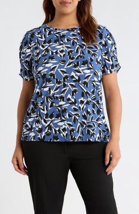 Anne Klein Floral Pleat Sleeve T-Shirt in Blue Jay Multi at Nordstrom, Size 3 X
