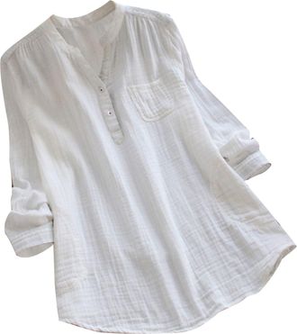 Generic Longline Tops for Women UK Summer Cotton Linen Blouse Roll Up Long Sleeve Shirts Long Length Tunic Tops V Neck Button Henley Shirt Loose Casual Dress 