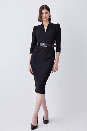 Karen Millen Womens Structured Crepe Belted Forever Midi Dress - Black - Size 6 UK