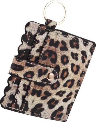 PartyKindom Small PU Leather Leopard Print Card Holder Wallet for Women with Keyring Credit Card Case Organizer for Travel and Everyday Use