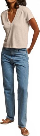 perfectwhitetee Rosie Linen Jersey Spandex V Neck Tee In Oatmeal