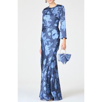Sachin & Babi Alex Crystal Detail Floral Long Sleeve Satin Crepe Gown in Galaxy Roses at Nordstrom, Size 12