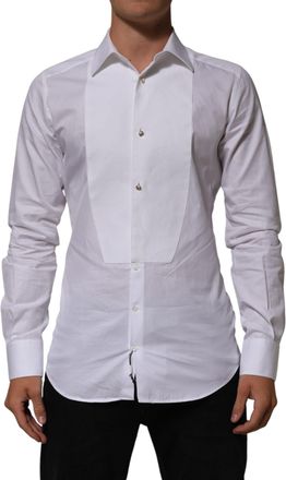 Dolce & Gabbana White Cotton Collared Bib GOLD Dress Mens Shirt (Pre-Owned)