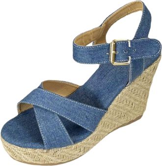 Generic Momolaa Women Open Toe Ankle Strap Sandals Vacation Denim Blue Platform Wedge Sandals Dressy Sandals for Women 5.5 2 Light Blue