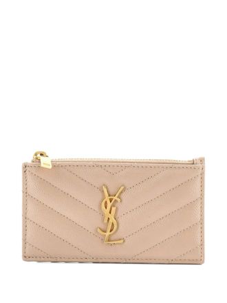 Saint Laurent Portacarte in pelle con monogramma e motivo Chevron - Toni neutri