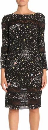 Moschino Silk Star Print Lace Accent Dress In Black