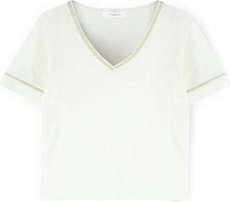 Motivi Gemengd linnen T-shirt met V-hals - Dames - T-shirts - Wit - S - Linnen - Tops