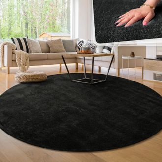 Paco Home Paco Home - Alfombra Moderna Para Sal&oacute;n A Pelo Corto Lavable Suave Uni Efecto Piel Antideslizante Negro, &Oslash; 200 Cm Redon