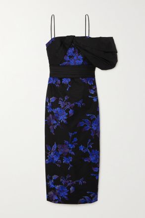 Erdem Abito Midi Monospalla In Faille Di Cotone Ricamato - Nero