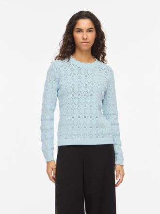 Vila Rundhalspullover VILA VILOWEN L/S POINTELLE KNIT TOP/PB, Damen, Gr. XL, nantucket breeze, Strick, Obermaterial: 90% Baumwolle, 10% Nylon, unifarben, n