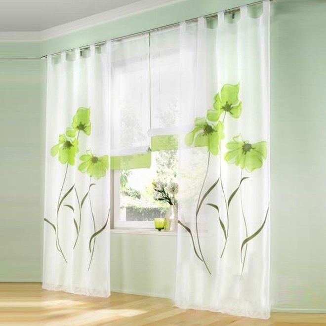 Liya 1 Stück Gardine mit Blumen Druck Floral Design Vorhang Transparent Voile Vorhänge (BxH 150x245cm, Grün mit Schlaufen) ab 18,99 €