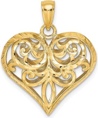 Diamond2Deal 14k Yellow Gold 3-D Diamond-cut Filigree Puffed Heart Charm