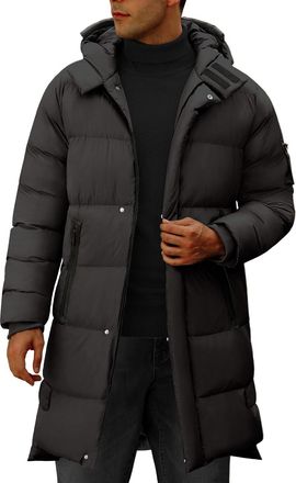 Heekpek Mens Hood Puffy Quilted Jacket Winter Warm Long Puffer Coat Windproof Full Zip Thicken Outerwear with 4 Pockets, Dark Grey, XXL