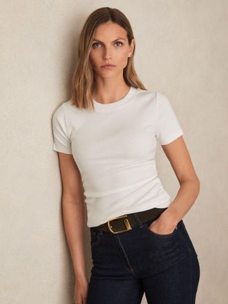 Reiss White Stretch-cotton Ruched Ribbed T-shirt, XS