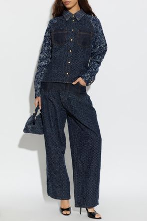 Ganni Denim Shirt With Floral Motif, Womens, Navy Blue